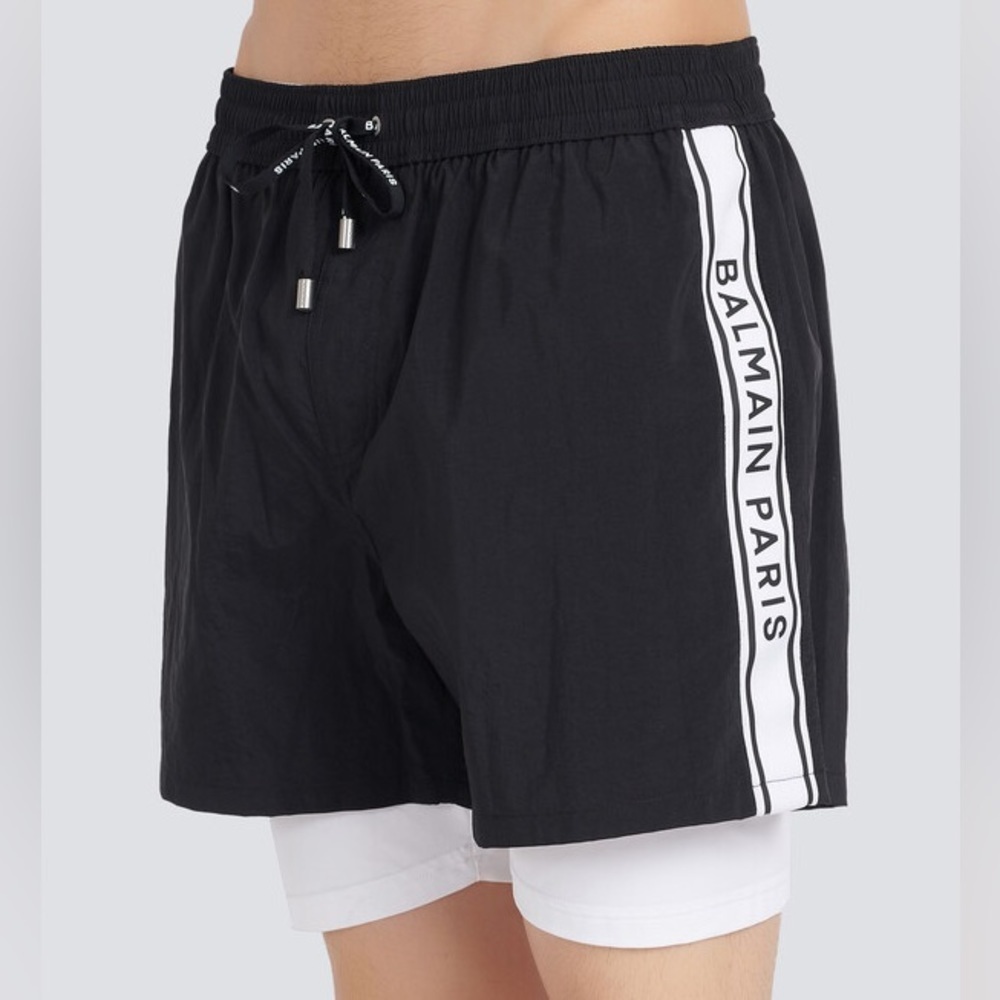 Balmain men tapped logo double shorts swim trunks NWT